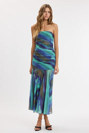Ocean Tie-dye See-through Ruched Tube Midi Dress