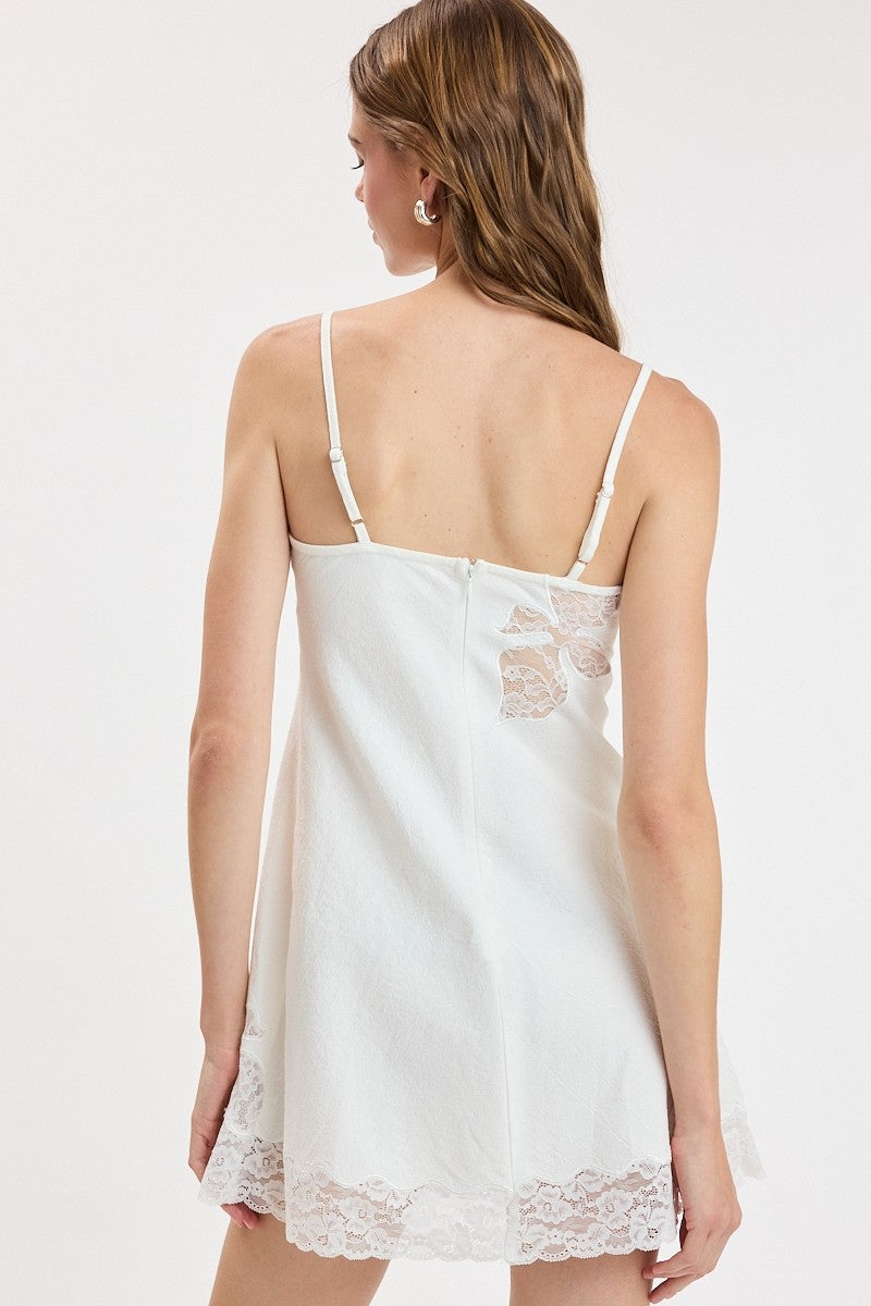 White Linen Floral Lace Accent Cocktail Mini Dress