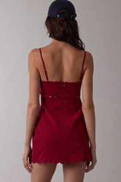 Shiny Solid Color Scallop Cut V-neck Mini Dress