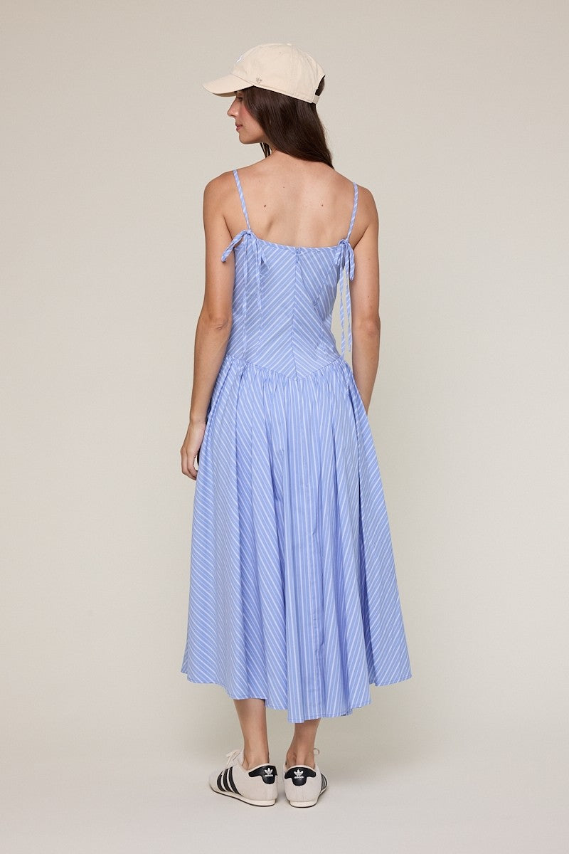 Blue Striped Tie Strap Casual Fit & Flare Midi Dress