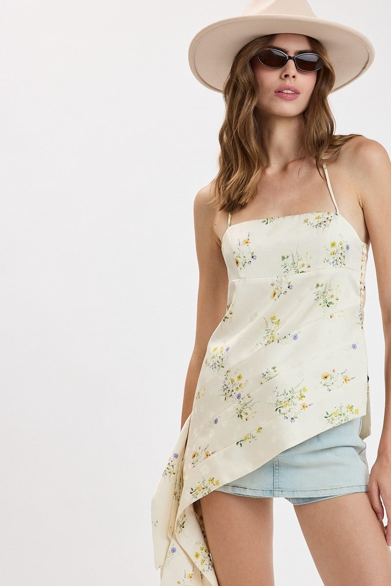 Cream Floral Ruffle Accent One-side Slit Top