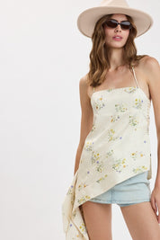 Cream Floral Ruffle Accent One-side Slit Top