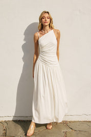 Linen Drop Waist Ruched Maxi Dress