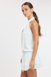 White Crinkle Chiffon Mock Neck Scarf Keyhole Mini Dress