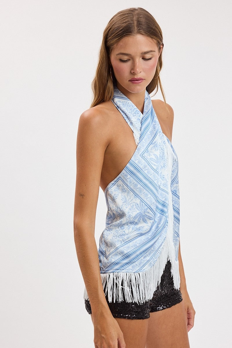 Toile De Jouy Tile Twisted Halter Fringe Top