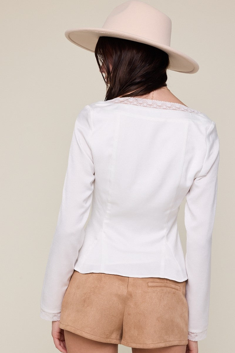 Sweatheart Long Sleeve Lace Trim Flare Blouse