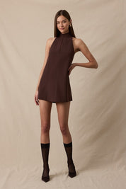 Chocolate Turtle Neck Cutout Plain Mini Dress