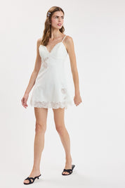 White Linen Floral Lace Accent Cocktail Mini Dress