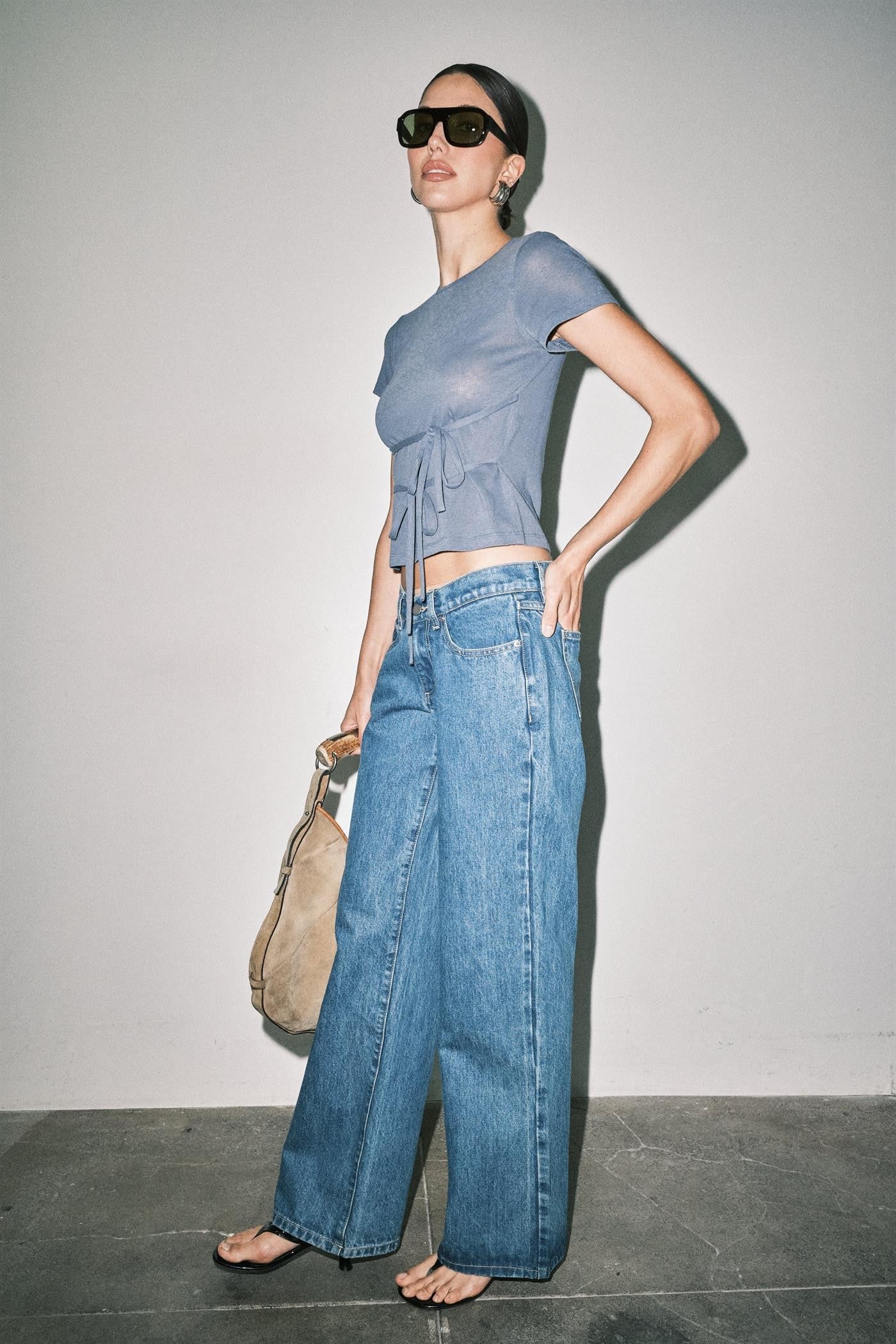 Navy Amber Fine Knit Tie Waist Short Sleeve Tee Top