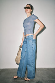 Navy Amber Fine Knit Tie Waist Short Sleeve Tee Top