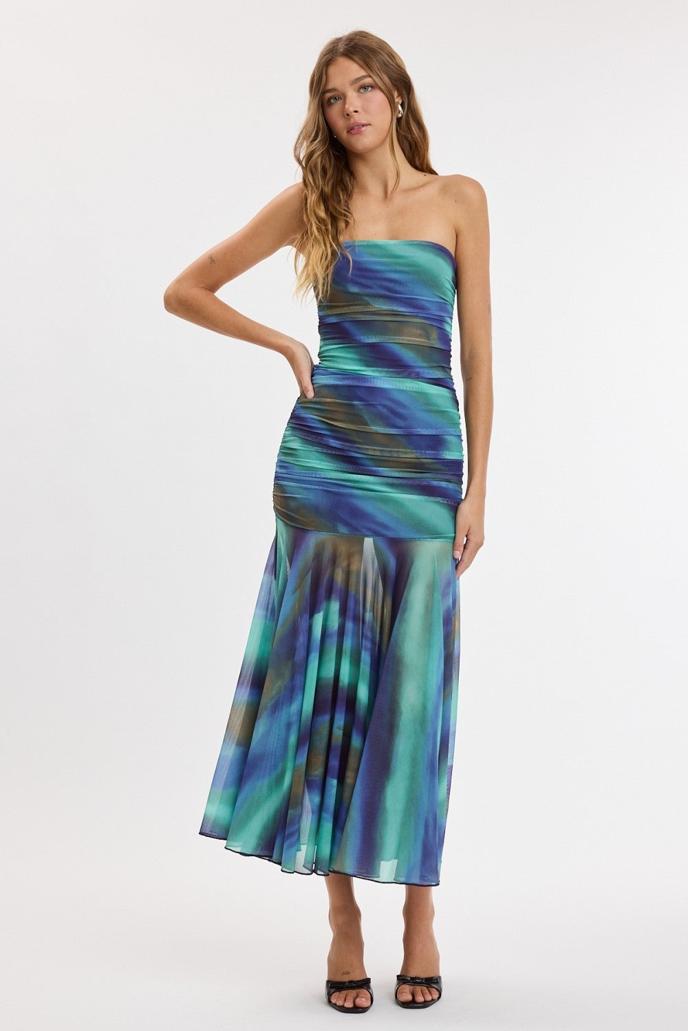 Ocean Tie-dye See-through Ruched Tube Midi Dress