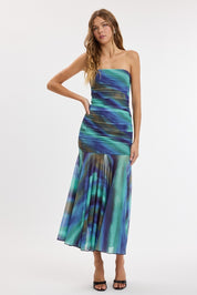 Ocean Tie-dye See-through Ruched Tube Midi Dress