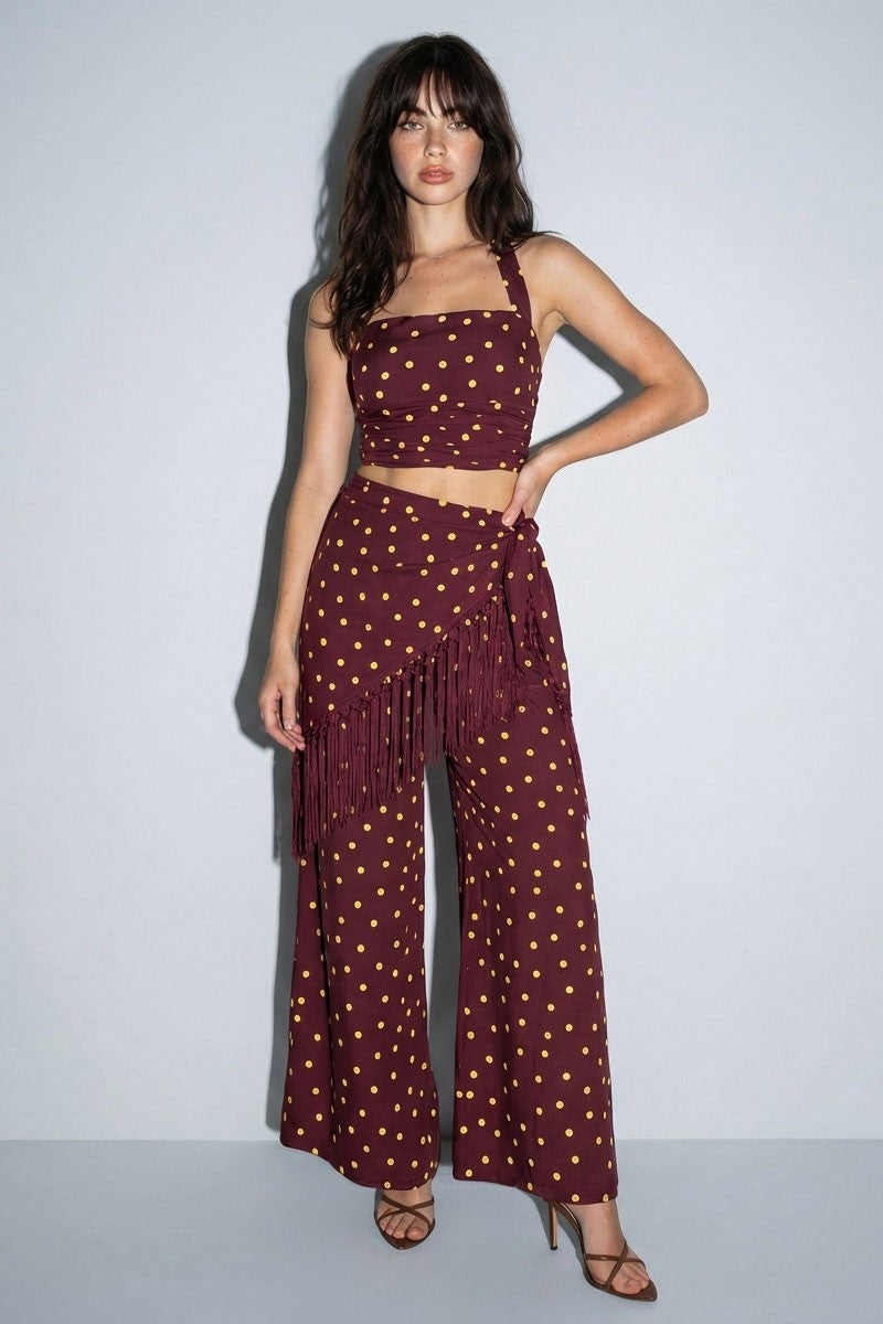Burgundy Polka Dot Halter Top And Fringe Pants Set