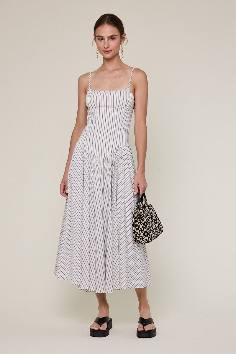 Black Striped Tie Strap Casual Fit & Flare Midi Dress