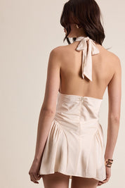 Ivory Satin Halter Tie Front Cutout Cocktail Mini Dress