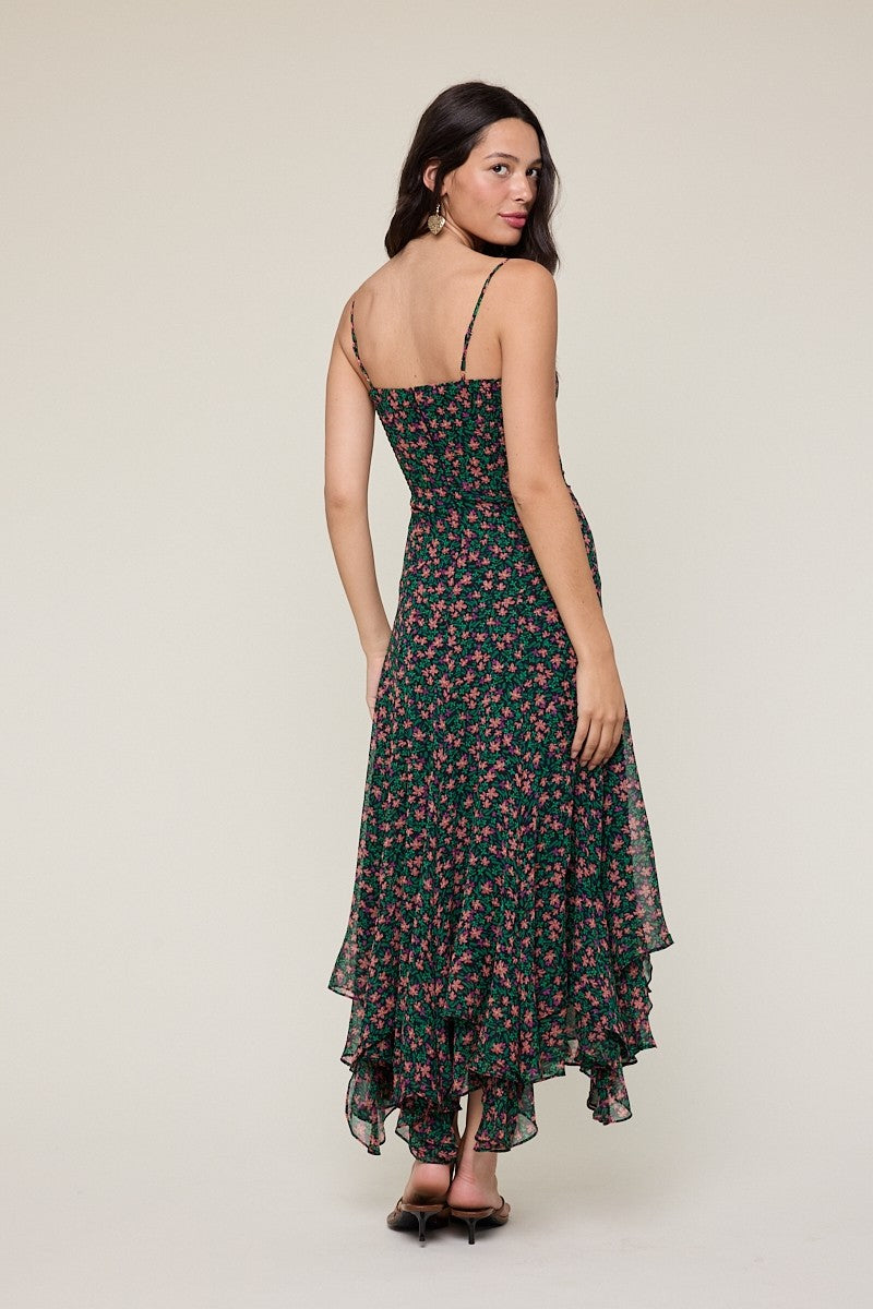 Night Ditsy High-low Ruffle Down Midi Dress