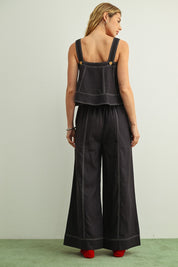 Navy Stitch Detailed Wide Leg Linen Pants