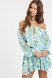 Blue Vibrant Floral Off-shoulder Long Sleeve Mini Dress