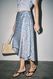Emily Plaid Linen Wrap Asymmetric Midi Skirt