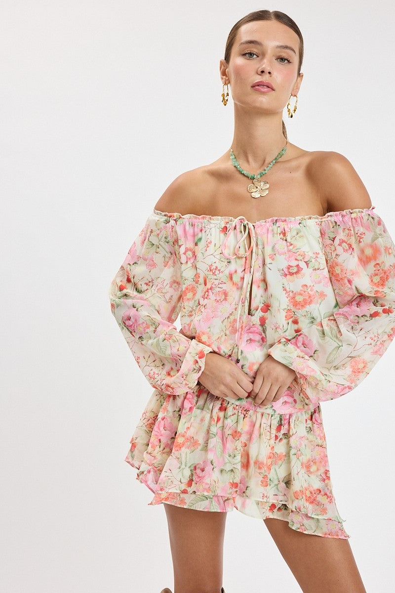 Red Vibrant Floral Off-shoulder Long Sleeve Mini Dress
