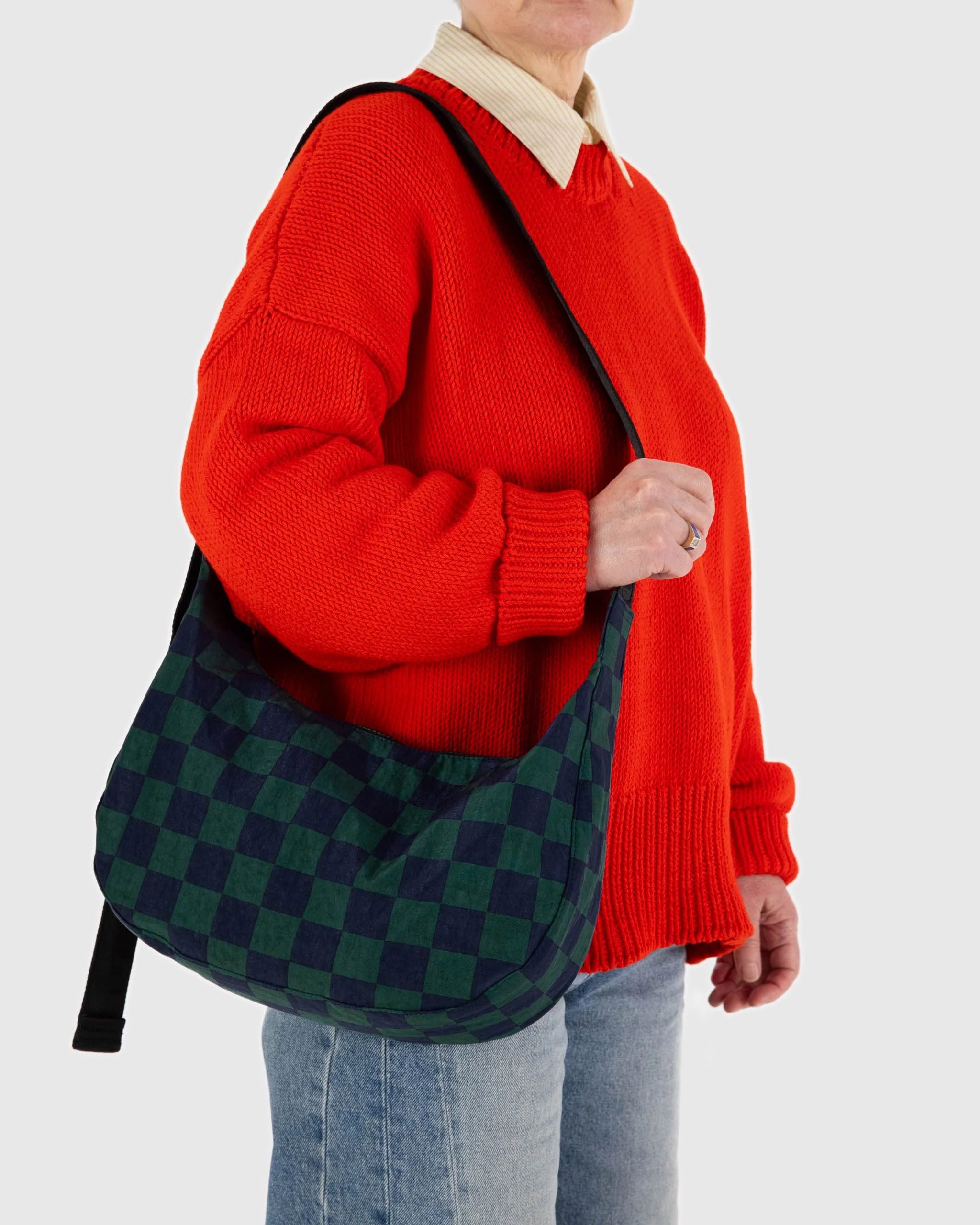 Baggu Medium Nylon Crescent Bag-Navy Green Check | Collective Request 