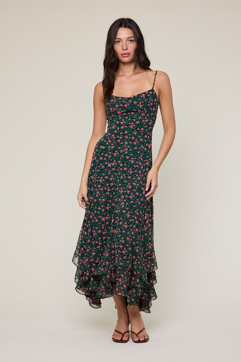 Night Ditsy High-low Ruffle Down Midi Dress