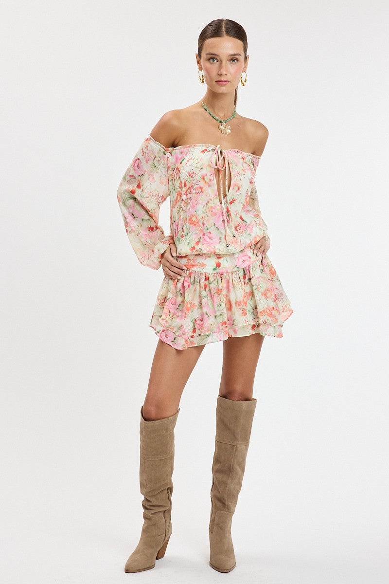 Red Vibrant Floral Off-shoulder Long Sleeve Mini Dress