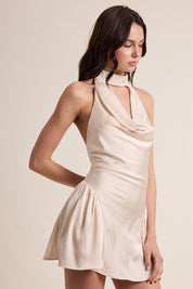 Ivory Satin Halter Tie Front Cutout Cocktail Mini Dress