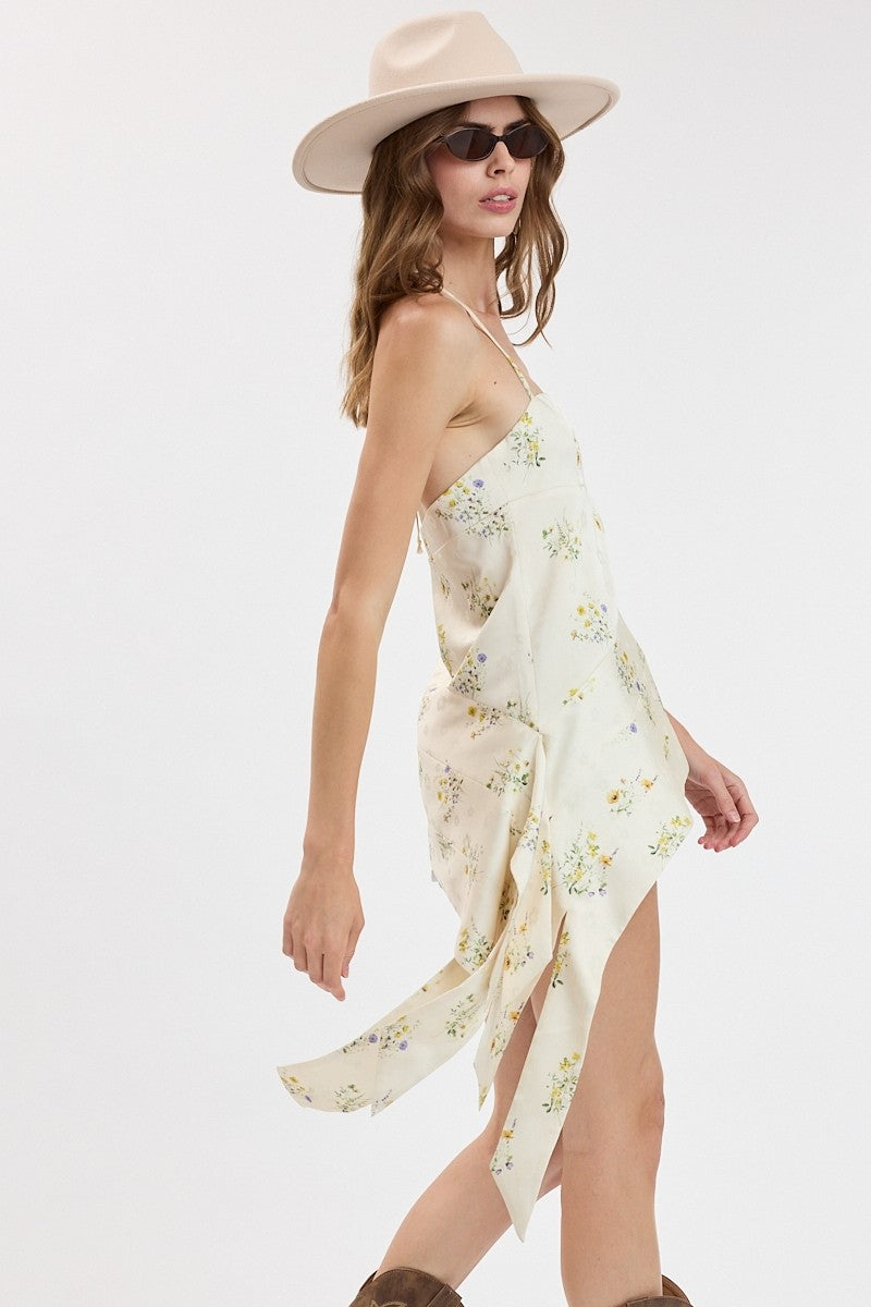 Cream Floral Ruffle Accent One-side Slit Top