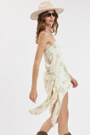 Cream Floral Ruffle Accent One-side Slit Top