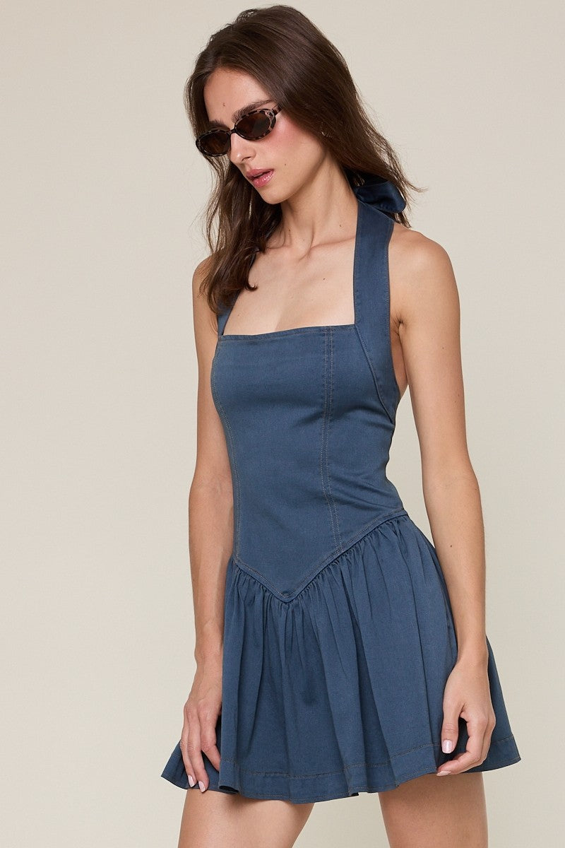Indigo Denim Halter Tie Neck Open Back Mini Dress