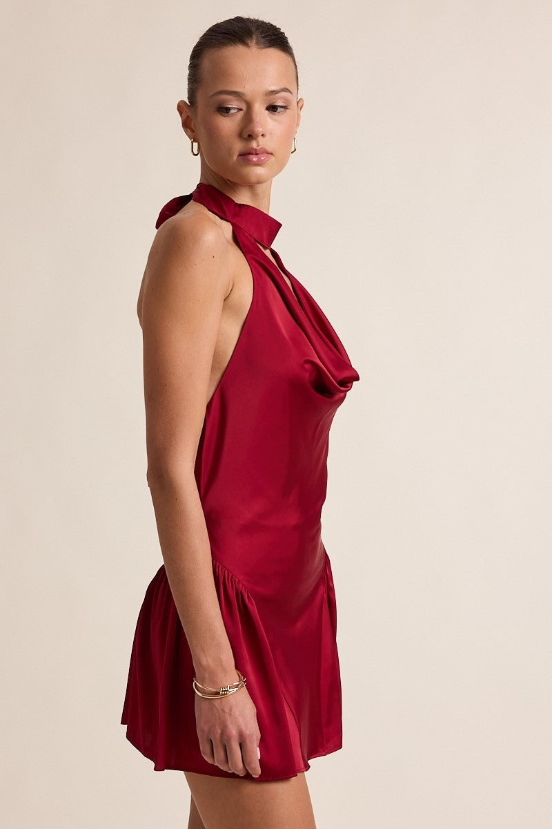 Red Satin Halter Tie Front Cutout Cocktail Mini Dress