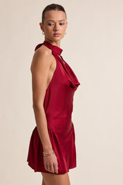 Red Satin Halter Tie Front Cutout Cocktail Mini Dress