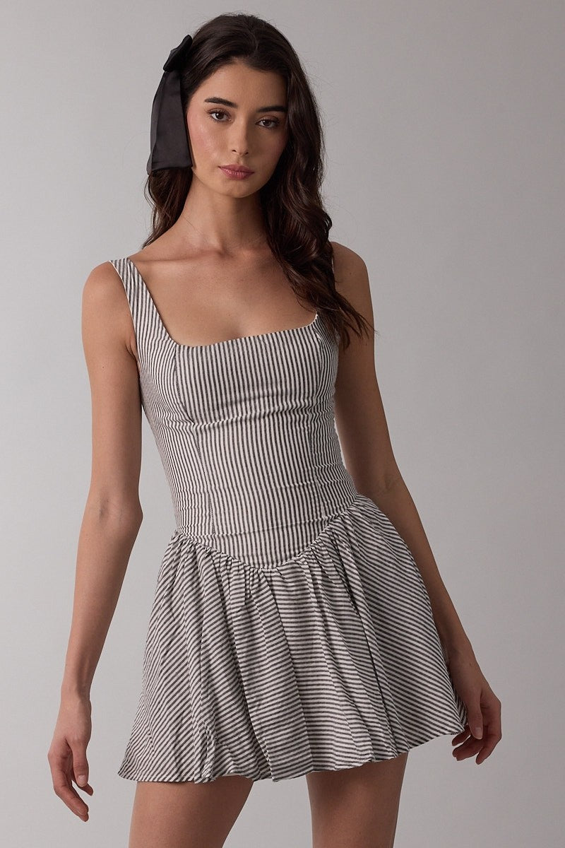 Stripe Print Wide Strap Fit & Flare Mini Dress