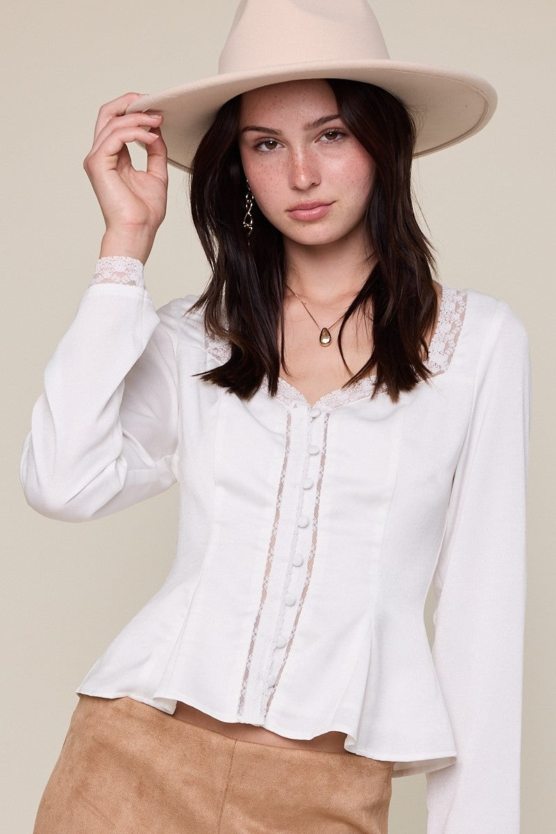 Sweatheart Long Sleeve Lace Trim Flare Blouse