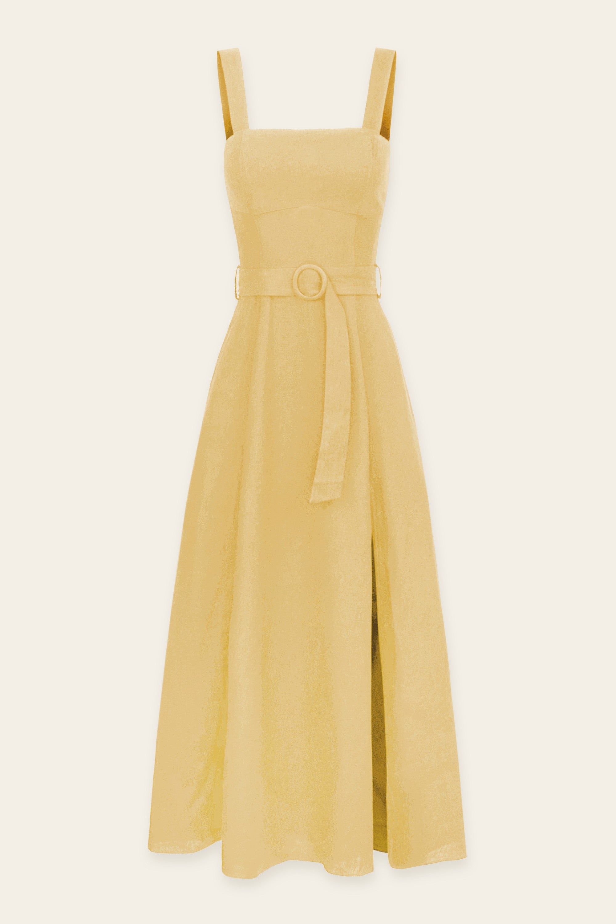Linen Square Neck Buckle Midi Dress