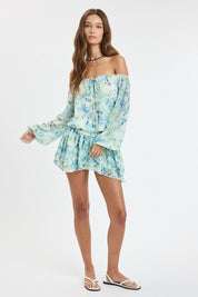Blue Vibrant Floral Off-shoulder Long Sleeve Mini Dress
