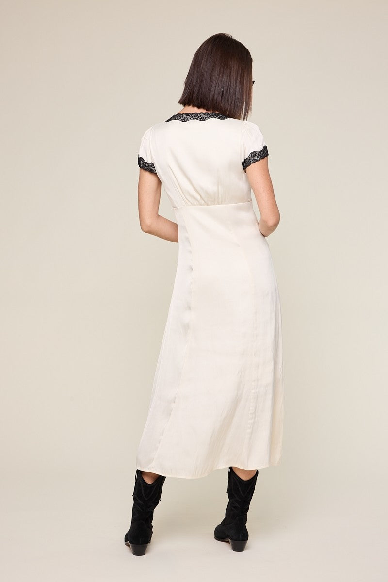 Satin Short Sleeve Lace Trim Point Long Midi Dress