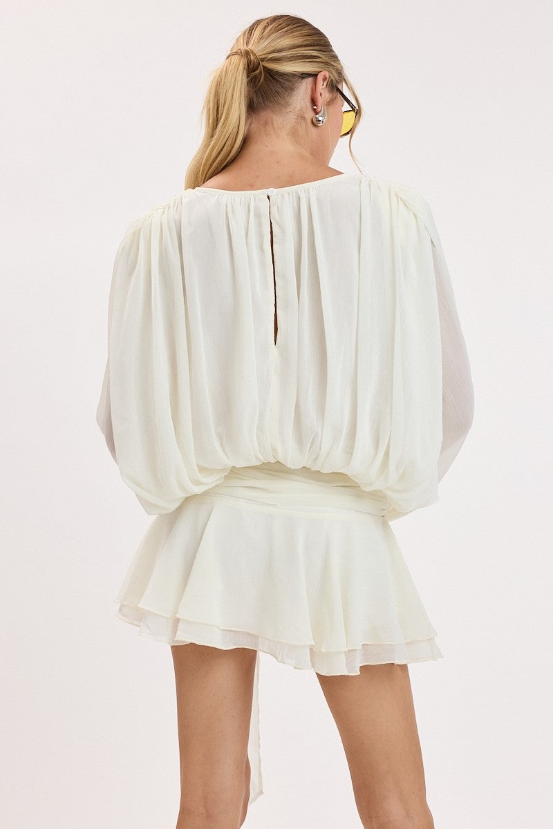 Crinkle Chiffon Shoulder Pad Ruffle Mini Dress