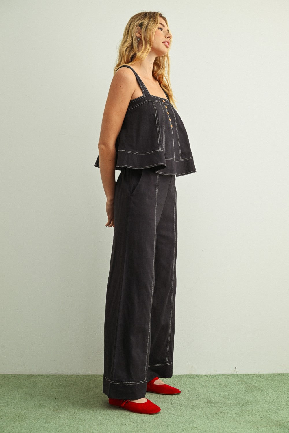 Navy Stitch Detailed Wide Leg Linen Pants