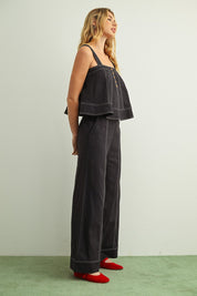 Navy Stitch Detailed Wide Leg Linen Pants