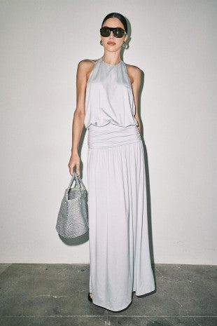Tessa Jersey Halter Ruched Waist Blouson Maxi Dress