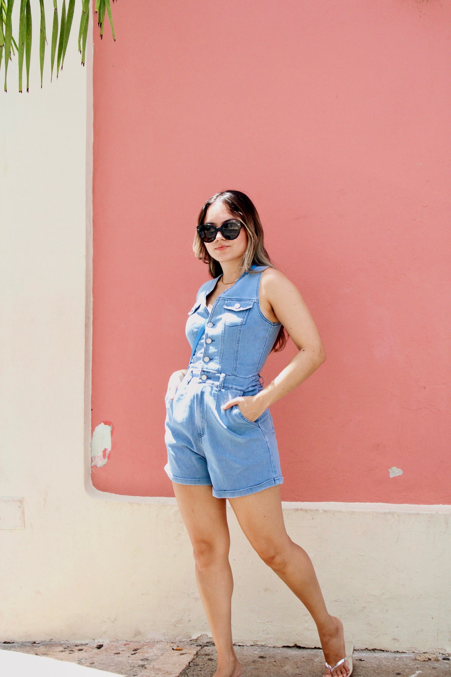 Sleeveless V Neckline Button Down Denim Romper