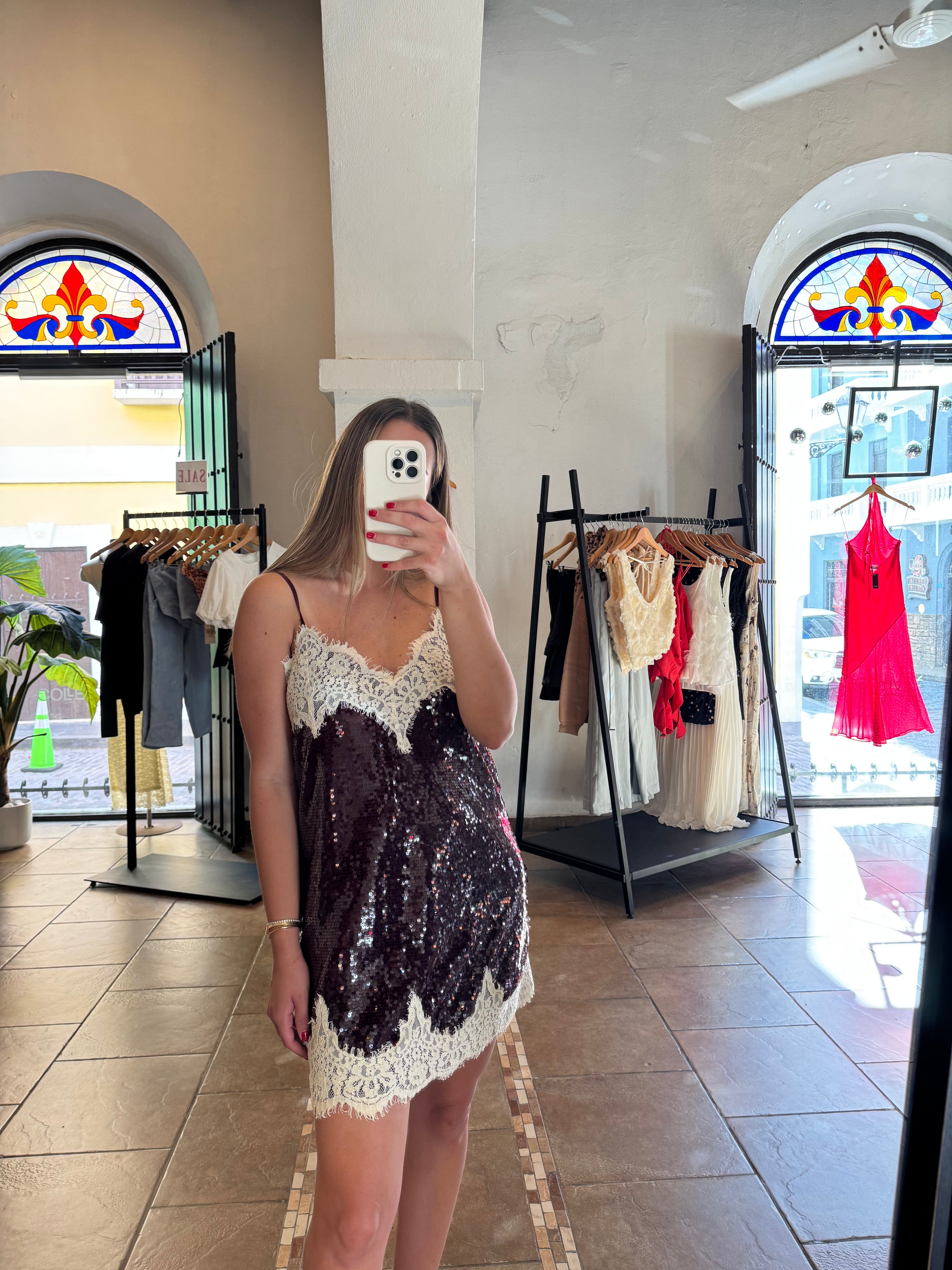 Holiday Dark Sequin Off-white Lace Mini Dress