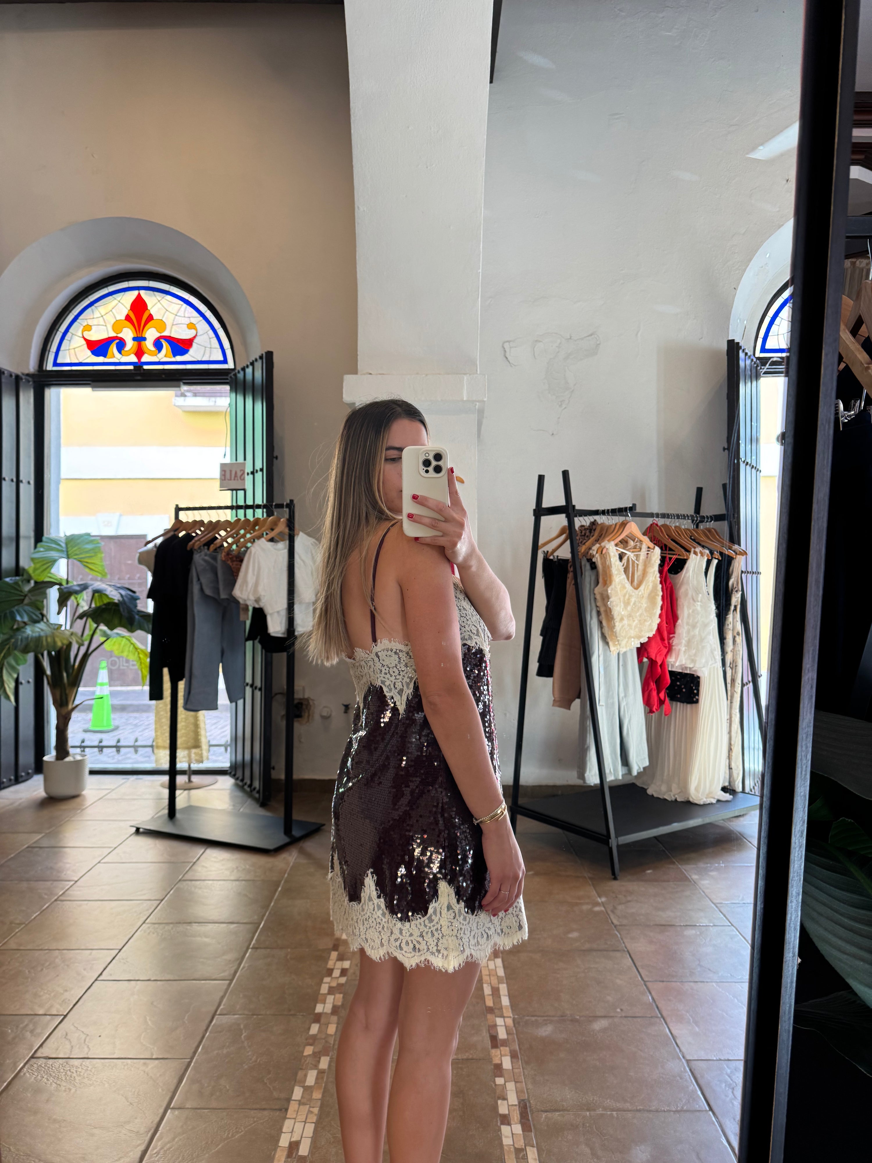 Holiday Dark Sequin Off-white Lace Mini Dress