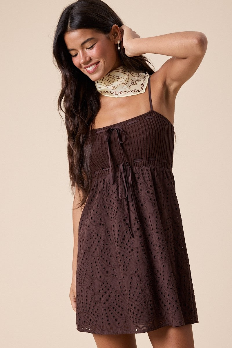Knit Bust Eyelet Print Front Tie Swing Mini Dress | Collective Request 