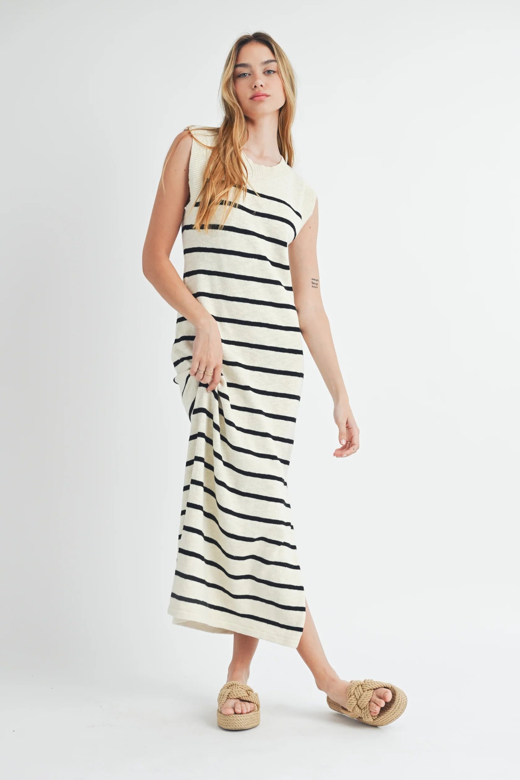 Sleeveless Stripe Sweater Midi Side Slit Dress