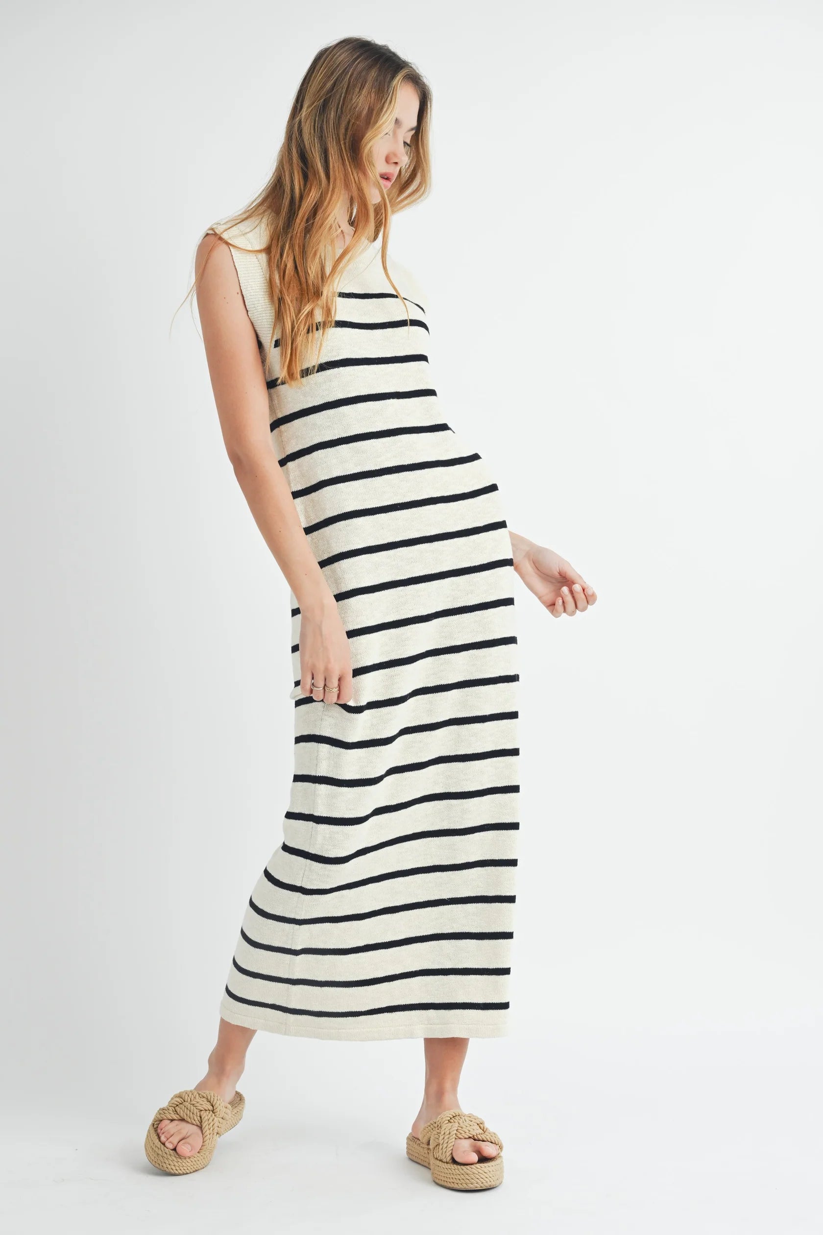 Sleeveless Stripe Sweater Midi Side Slit Dress