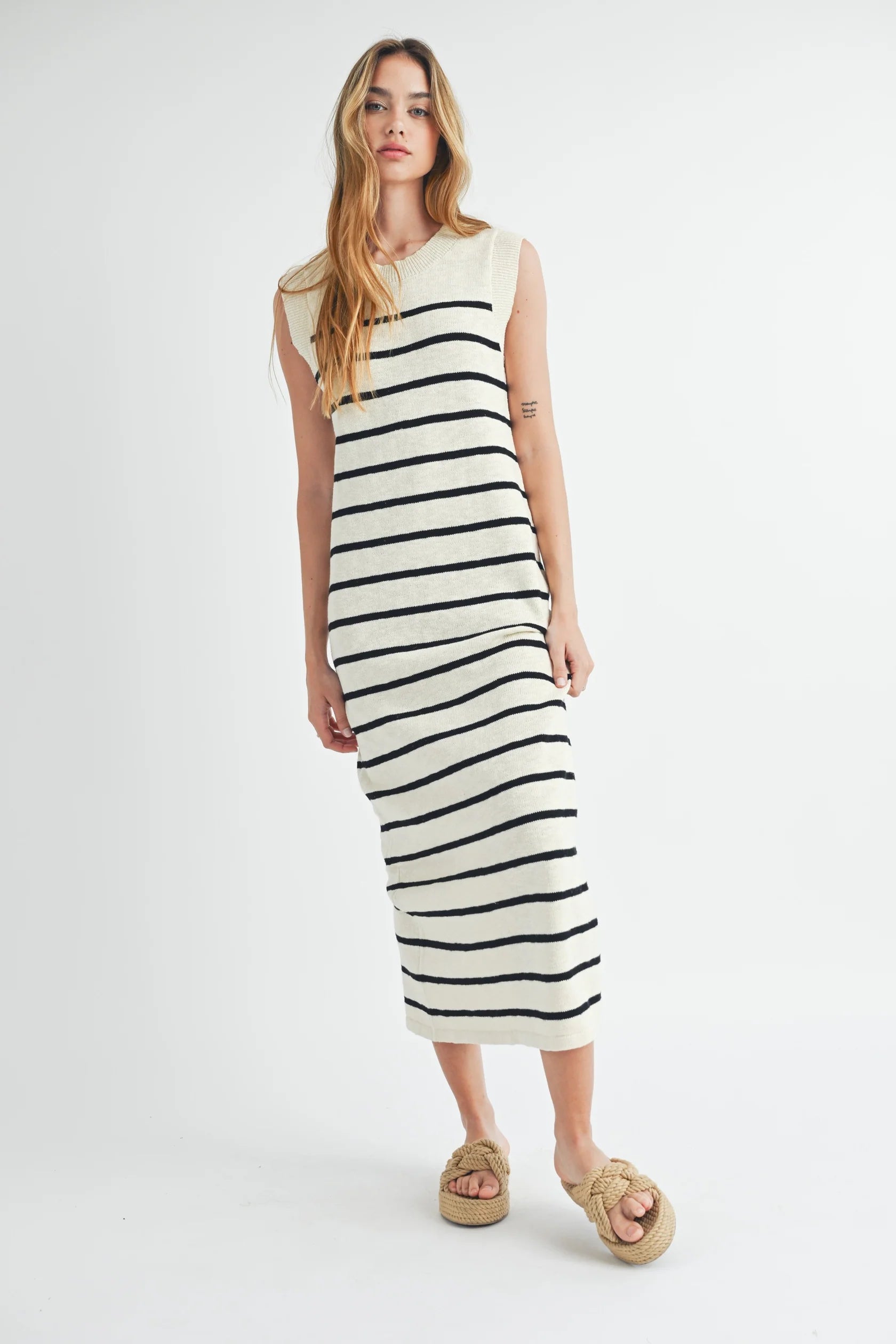 Sleeveless Stripe Sweater Midi Side Slit Dress