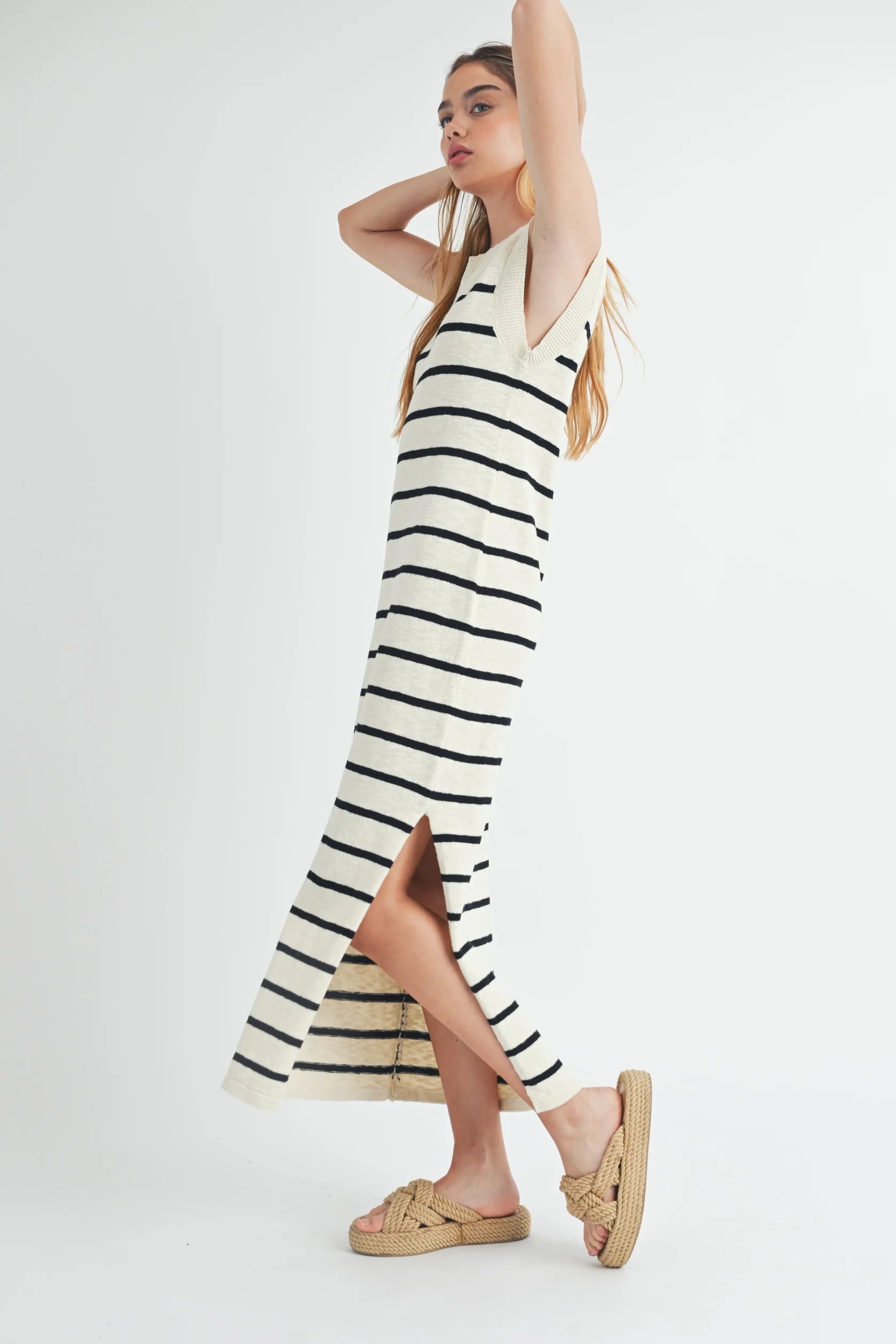 Sleeveless Stripe Sweater Midi Side Slit Dress